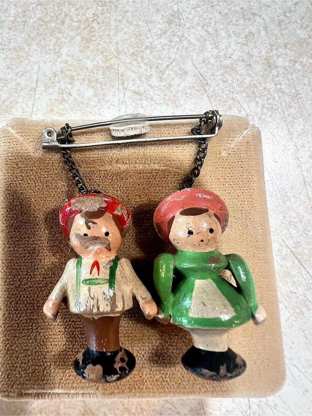 Wooden Figurine Brooch in Green & Red